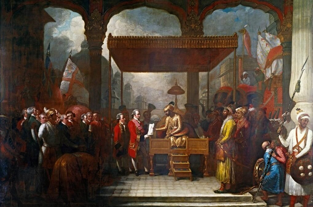 ক্সারের যুদ্ধের পর মোগল সম্রাট দ্বিতীয় শাহ আলমের কাছ থেকে দেওয়ানির সনদ গ্রহণের দৃশ্য, ঐতিহাসিক চিত্রকর্ম